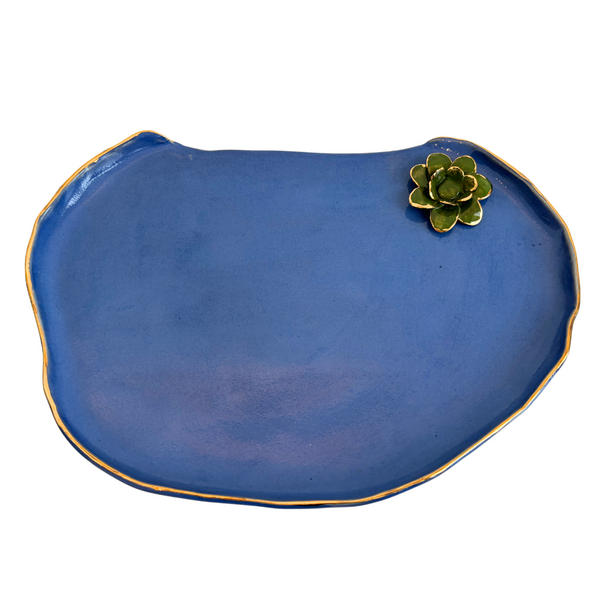 Blue Ceramic Platter with Flower