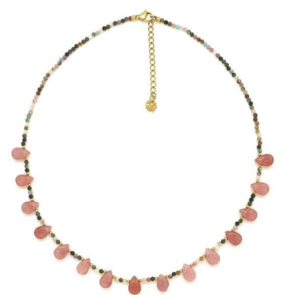 Multi Pearls drop Necklace - Pink Quartz